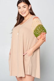 98 CP-B {A Heart For Love} Taupe Floral Sleeve Dress PLUS SIZE 1X 2X 3X