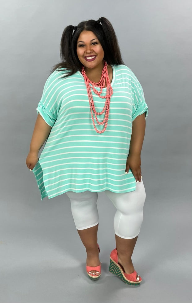 63 PSS-E {Good Energy} Mint Striped Top Cuffed Sleeves PLUS SIZE XL 2X 3X