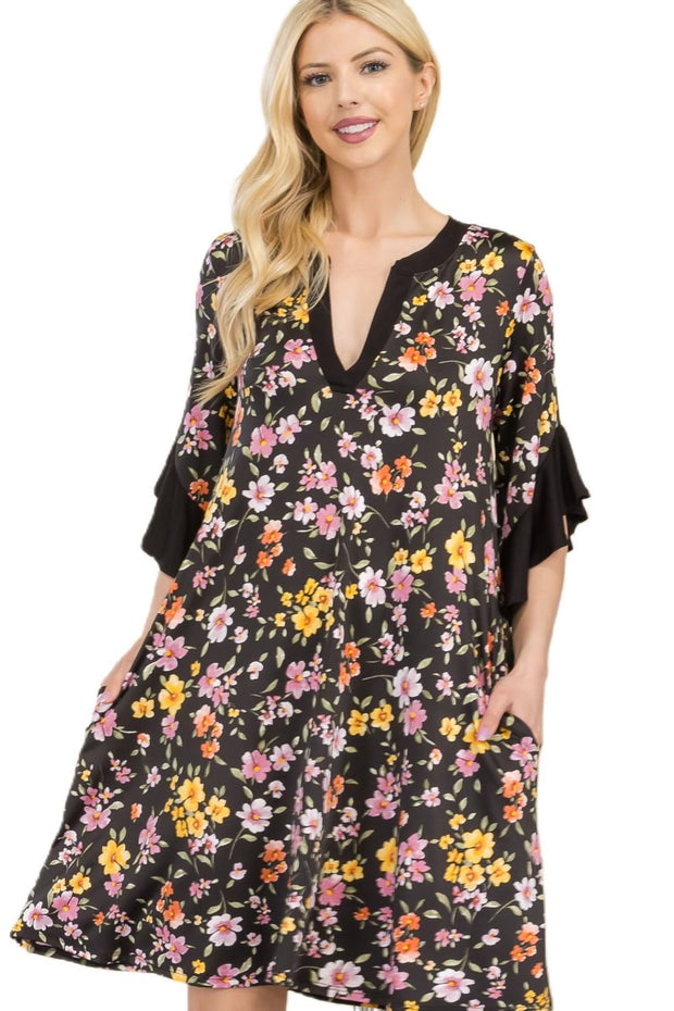33 CP-A {Talk About Style} Black Floral Ruffle Sleeve Dress PLUS SIZE XL 2X 3X