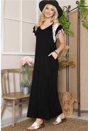 LD-B {Everyday Stunner} Black Long Dress Floral Sleeves PLUS SIZE 1X 2X 3X
