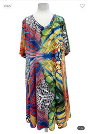 62 PSS-Q {Code Of Life} Red Blue Printed V-Neck Dress EXTENDED PLUS SIZE 3X 4X 5X