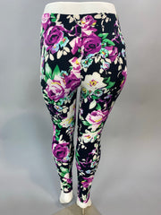 BT-99 {Rose Garden} Black/Magenta Floral Print Leggings PLUS SIZE 1X/2X