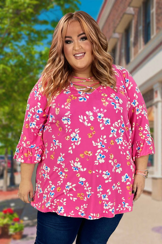 54 PQ-C {Joy Is Here} Pink Floral Caged Neck Tunic CURVY BRAND!!!  EXTENDED PLUS SIZE 4X 5X 6X