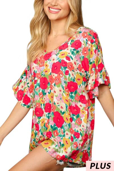91 PSS-R {My New Best Friend}  Ivory/Coral Floral V-Neck Top PLUS SIZE 1X 2X 3X