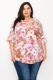 52 PQ-Q {Let It Be Now} Mocha/Pink Floral V-Neck Top CURVY BRAND!!! EXTENDED PLUS SIZE 4X 5X 6X (May Size Down 1 Size)