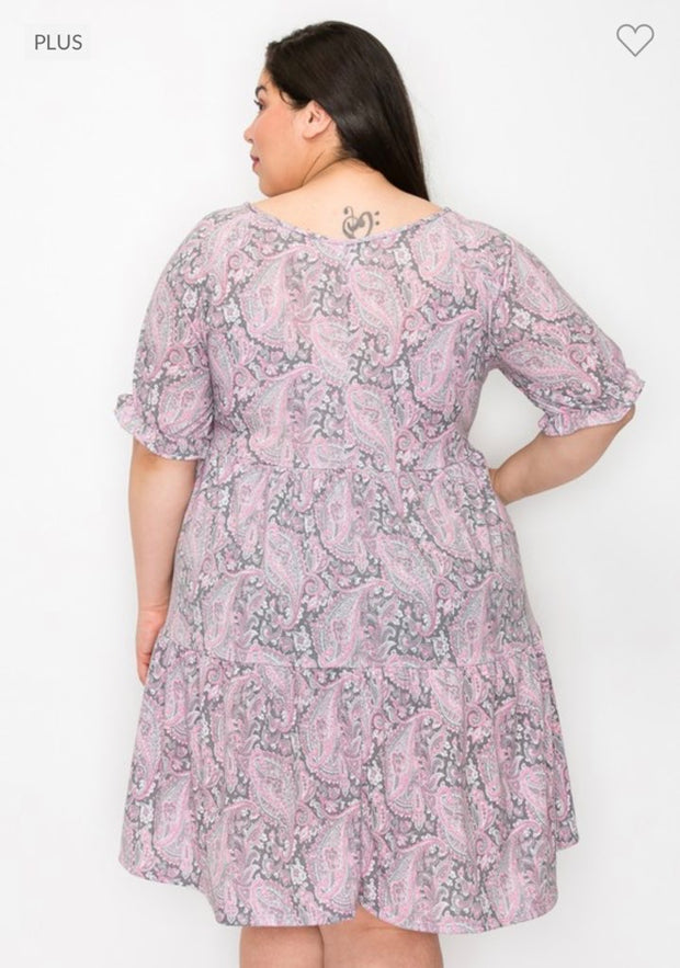31 PSS-G {Jewel Of The South} Grey/Pink Paisley Tiered Dress EXTENDED PLUS SIZE 3X 4X 5X