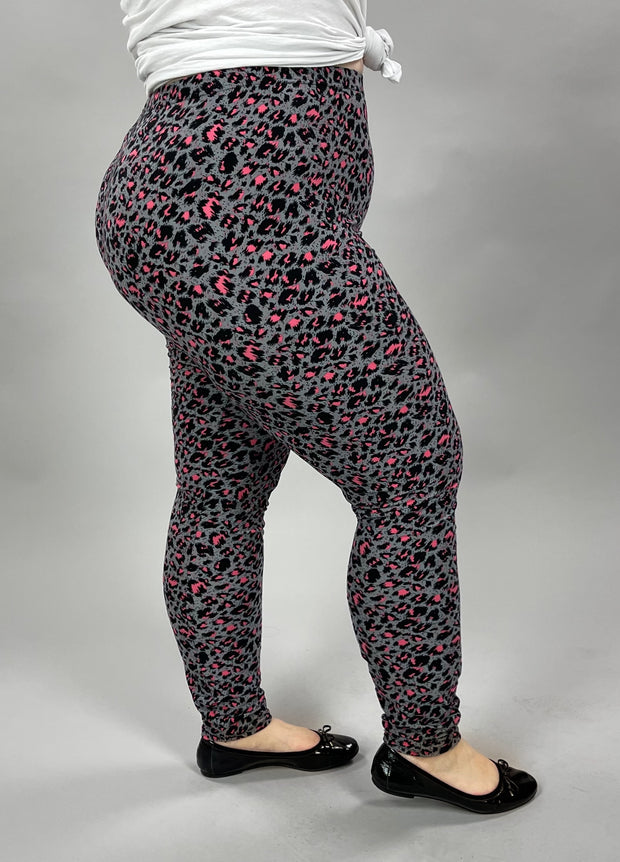 BT-99 {Leopard Life} Grey/Pink Leopard Printed Leggings  EXTENDED PLUS SIZE 3X/5X