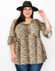 96 PSS-D {String You Along} Brown Leopard V-Neck Babydoll Top EXTENDED PLUS SIZE 3X 4X 5X