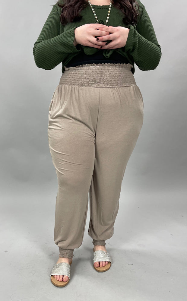 BT-99 {Going Anywhere} Ash Mocha Smocked Cuff Jogging Pants PLUS SIZE 1X 2X 3X