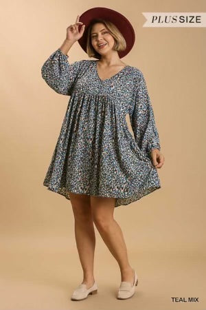 12 PLS-A {Everything She Is} Umgee Teal Mix Babydoll Dress PLUS SIZE XL 1X 2X