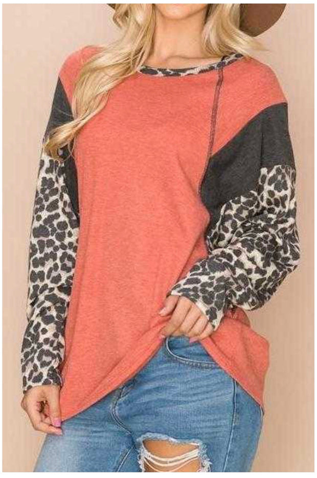 CP-G {Every Adventure} ***FLASH SALE***Orange Grey Leopard Waffle Knit Top PLUS SIZE XL 2X 3X 4X 5X 6X
