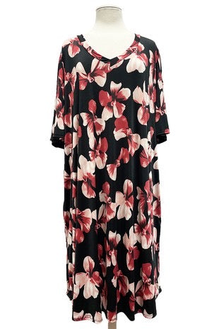 39 PSS-N {Hard To Beat} Black/Red Floral Print V-Neck Dress EXTENDED PLUS SIZE 3X 4X 5X