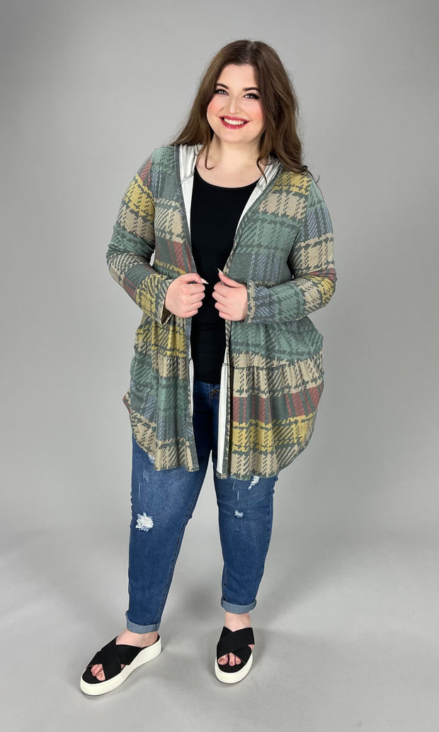 19 OR 35 OT-C {Piece Of Pie} Teal/Gray Tiered Cardigan W/Hood PLUS SIZE 1X 2X 3X
