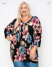 53 PQ-A {Exploring Style} Black Floral V-Neck Tunic EXTENDED PLUS SIZE 3X 4X 5X