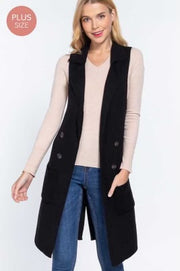 64 OT-B {Be Cool} Black Knit Vest W/Collar and Front Pockets PLUS SIZE XL 1X 2X