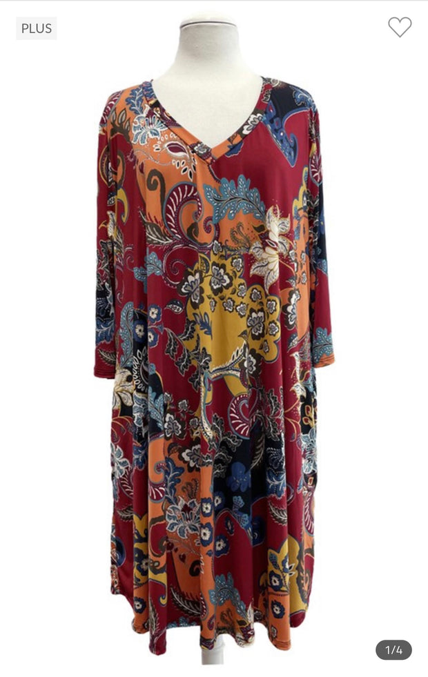 79 PQ-R {Falling For You} Wine Floral V-Neck Dress SALE!!!  EXTENDED PLUS SIZE 3X 4X 5X