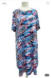 97 PSS-S {Out Of Sight} Blue/Pink Printed Dress PLUS SIZE 1X 2X 3X