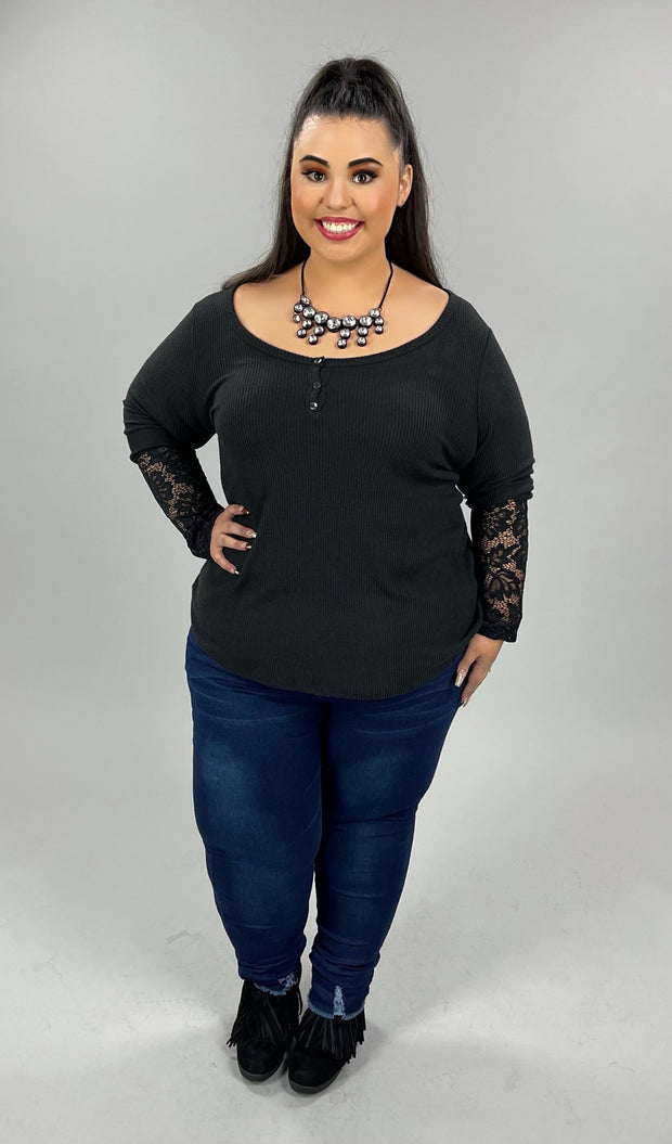 34-SLS-Z [Subtle Glamour} Black Tunic Lace Sleeve Plus Size 1X 2X 3X
