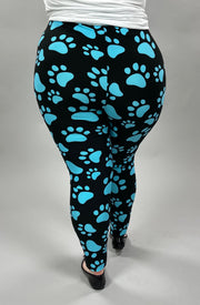 BIN-99 {Blue Paws}  Black Leggings w/Blue Printed Paws EXTENDED PLUS SIZE