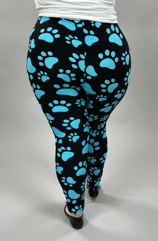BIN-99 {Blue Paws}  Black Leggings w/Blue Printed Paws EXTENDED PLUS SIZE