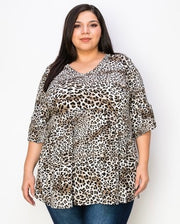 36 PSS-J {Embrace The Wild} Brown Leopard Babydoll Top EXTENDED PLUS SIZE 3X 4X 5X