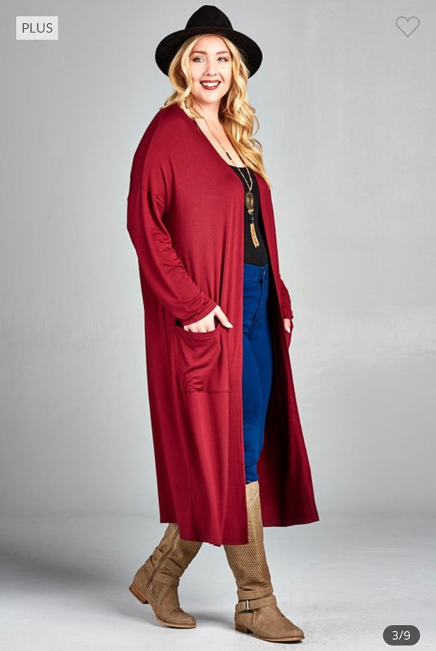 LD-Q {Class And Charm} Burgundy Long Duster w/Pockets PLUS SIZE XL 2X –  Curvy Boutique Plus Size Clothing