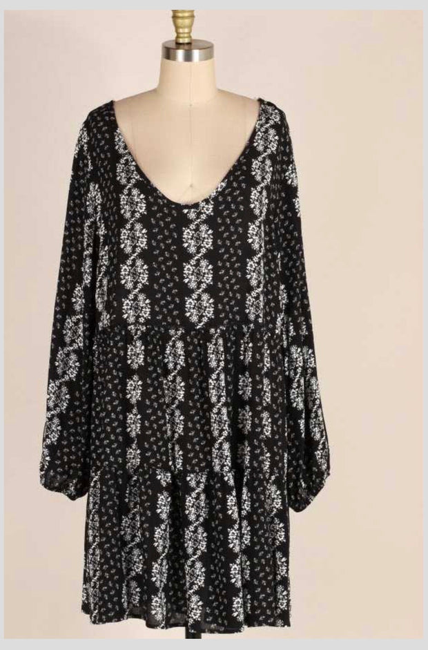 PLS-A {Little Darling}  Black & Ivory Floral  Print Elastic Sleeve  Dress