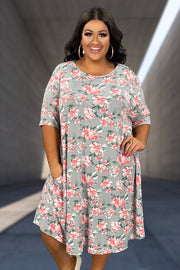 25 PSS-L {Eyes On The Prize} Grey Floral Dress w/Pockets EXTENDED PLUS SIZE 4X 5X 6X