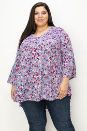 23 PQ {Finding My Niche} Blue/Plum Floral V-Neck Top EXTENDED PLUS SIZE 3X 4X 5X