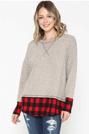 22 CP-G {Clear Your Schedule} SALE!  Grey Red Plaid Contrast Top PLUS SIZE XL 2X 3X