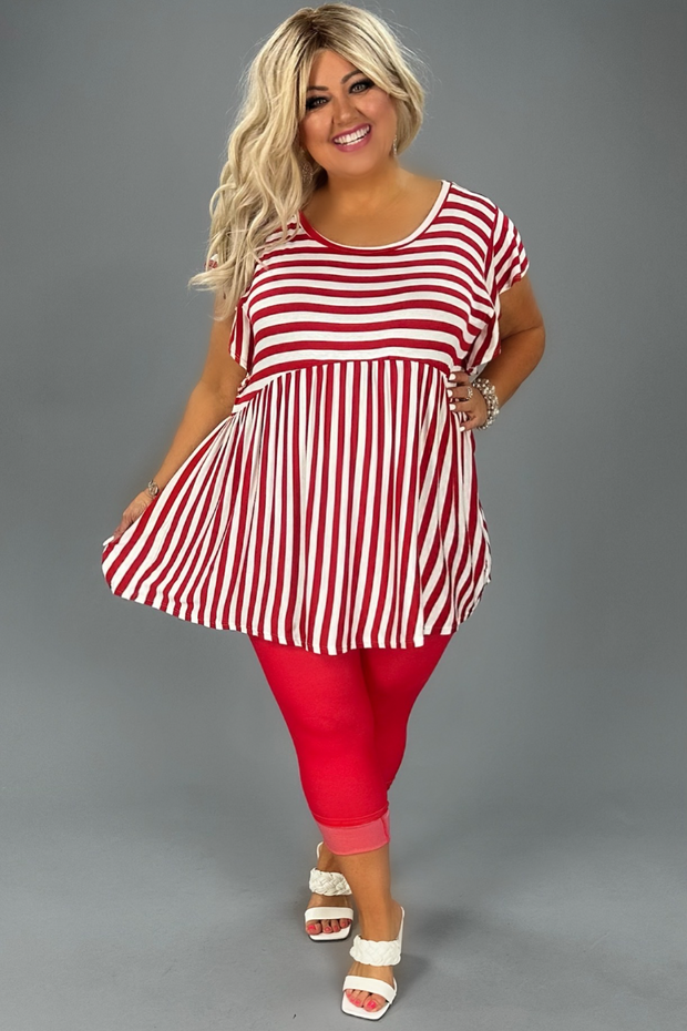 18 PSS-J {Extrovert For Life} Red/Ivory Stripe Babydoll Top PLUS SIZE XL 2X 3X