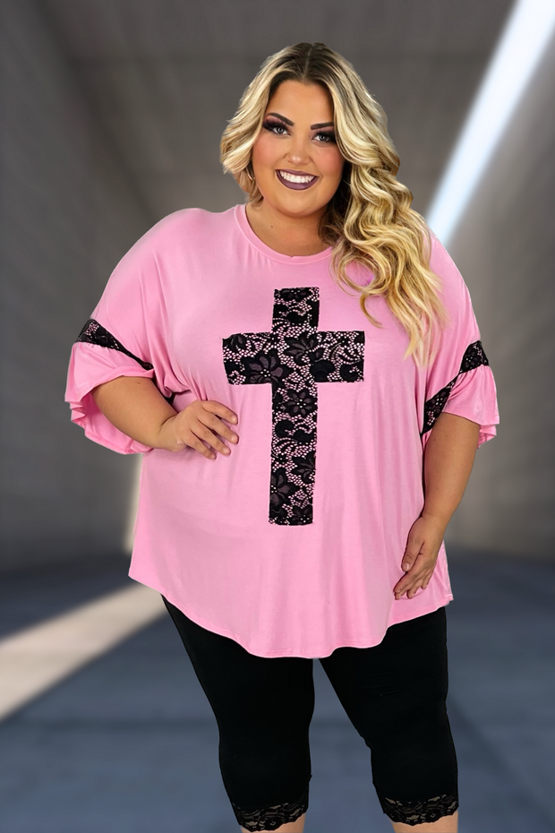 43 SD-U {At The Cross} Pink/Black Lace Cross & Sleeve Detail Top CURVY BRAND!!!  EXTENDED PLUS SIZE XL 2X 3X 4X 5X 6X