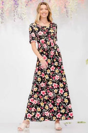 LD-V {Floating Garden} Black Floral Babydoll Maxi Dress PLUS SIZE 1X 2X 3X