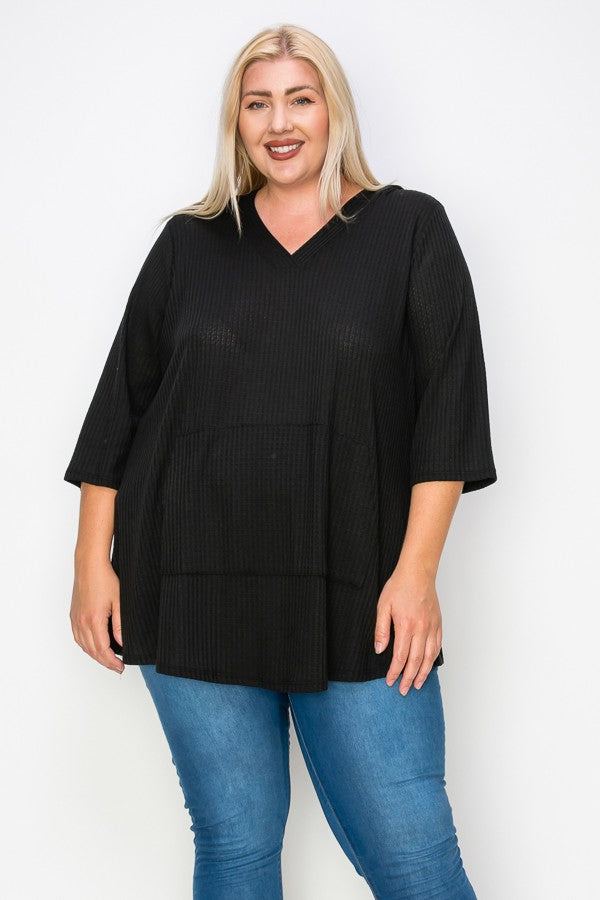 24 HD {Mellow Mood} Black Waffle Knit Hoodie CURVY BRAND!!!  EXTENDED PLUS SIZE 3X 4X 5X 6X (True to Size)