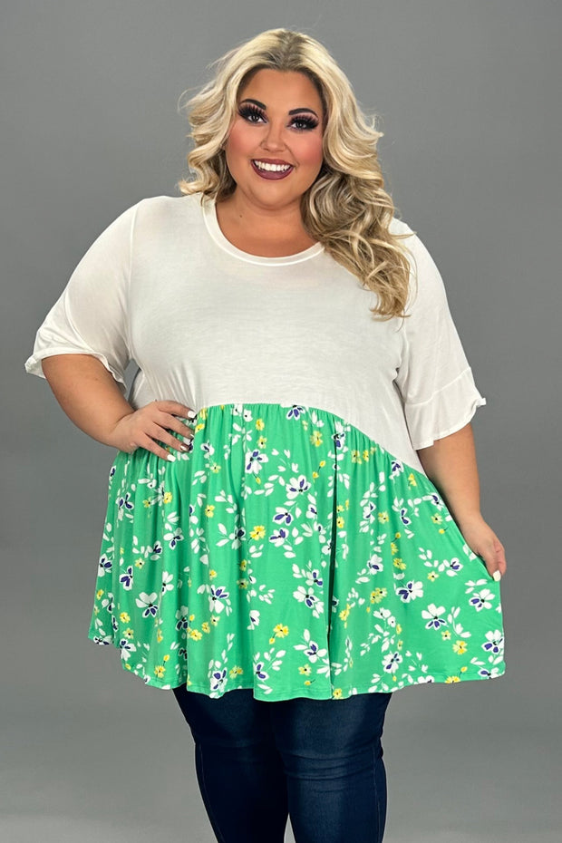 44 CP-B {Floral Medley} Ivory Green  Floral Contrast Top