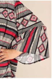 OT-C {Fall In Line} Black, Grey, Red Printed  Bell Sleeve Cardigan   PLUS SIZE 1X 2X 3X
