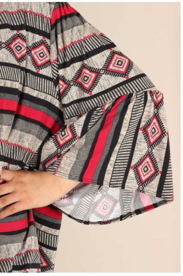 OT-C {Fall In Line} Black, Grey, Red Printed  Bell Sleeve Cardigan   PLUS SIZE 1X 2X 3X