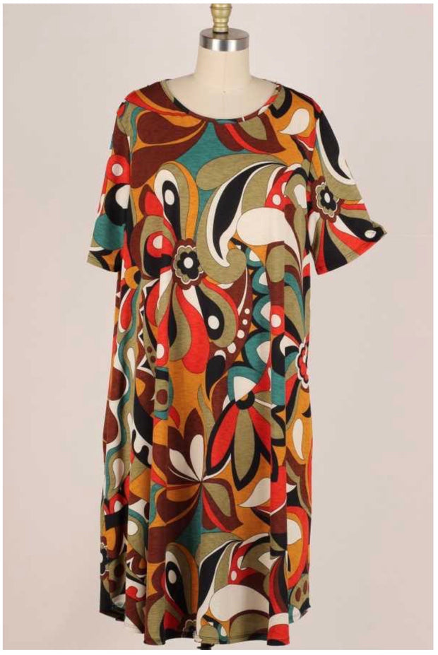 54 PSS-A {Fan Favorite} Brown Abstract Print Dress Plus 1X 2X 3X