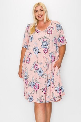 86 PSS-C {Breathing Easy} Blush Floral V-Neck Dress EXTENDED PLUS SIZE 3X 4X 5X