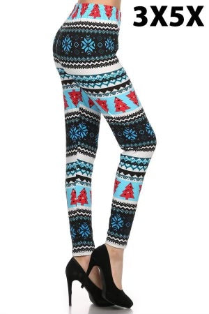 LEG-98/81 {Blue Christmas} Blue Christmas Tree Print Leggings EXTENDED PLUS SIZE 3X/5X