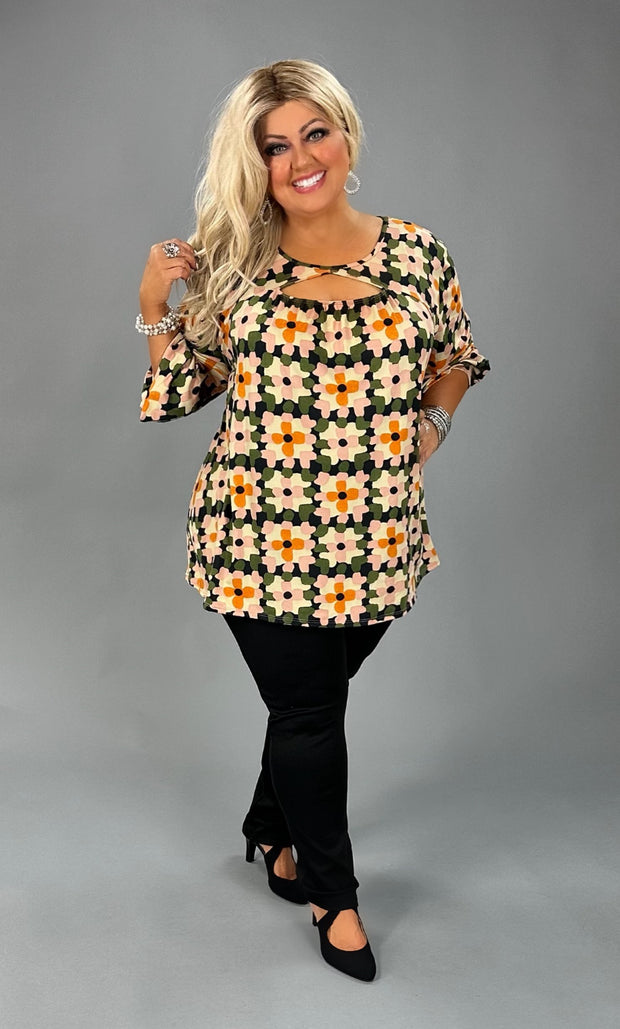 95 PLS-G {Someone To Admire} Olive Floral Keyhole Top PLUS SIZE 1X 2X 3X