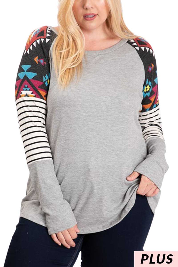 22 CP-K {You Know How} Grey Black Aztec Sleeve Top PLUS SIZE XL 2X 3X