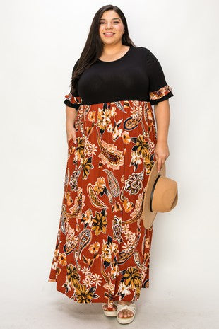 LD-M {Just A Glimmer} Black/Rust Floral Paisley Maxi Dress EXTENDED PLUS SIZE 3X 4X 5X