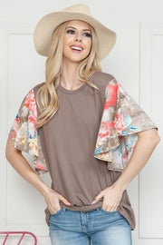 55 CP {No Trouble Here} Taupe Top w/Floral Sleeves PLUS SIZE 1X 2X 3X