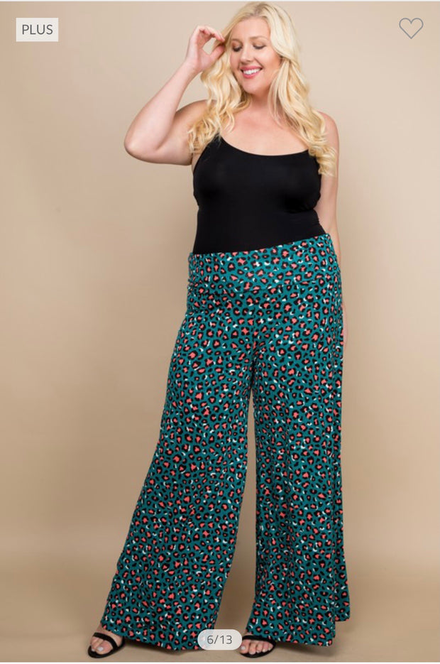 BT-99 {Really Ready} Teal/Coral Leopard Print Palazzo Pant