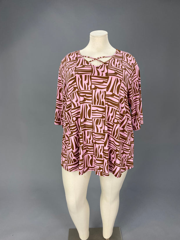 63 PSS {Every Which Way} Pink/Brown Print Criss-Cross Top CURVY BRAND!!! EXTENDED PLUS SIZE 3X 4X 5X