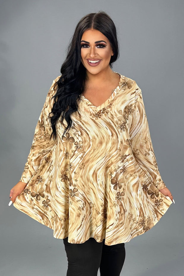 73 PQ {A Little Sparkle} Taupe Floral Print V-Neck Top EXTENDED PLUS SIZE 3X 4X 5X