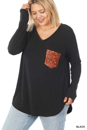 91 SD-A {Perfect Vision} Black V-Neck Top w/Sequined Pocket PLUS SIZE 1X 2X 3X