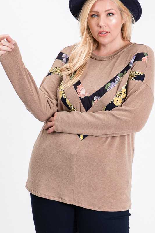 15 CP {Double The Fun} Mocha Top w/Floral V Accent PLUS SIZE 1X 2X 3X