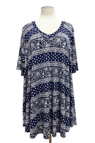 76 PSS {Cozy Comfort} Navy/White Floral Stripe Print Top  EXTENDED PLUS SIZE 3X 4X 5X